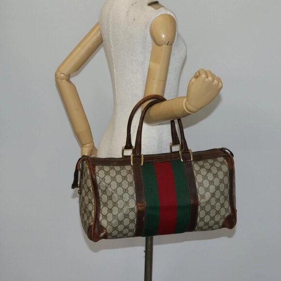 GUCCI GG Supreme Web Sherry Line Boston Bag PVC Beige Gold Red Auth hk3095 - Picture 15 of 16